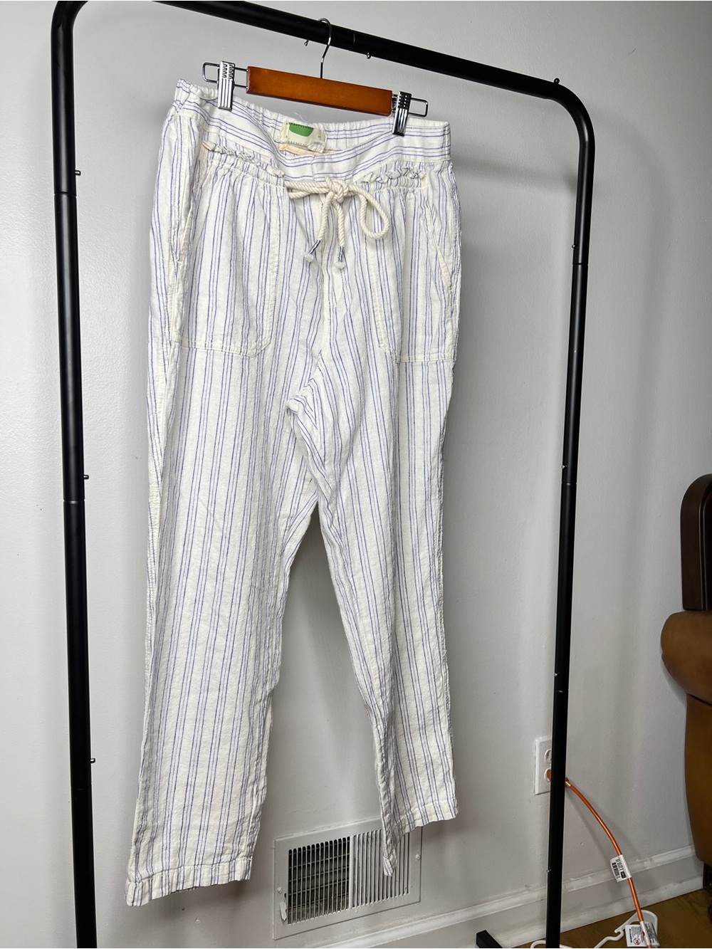Anthropologie Cream and Blue Striped Straight-Leg Drawstring Pants